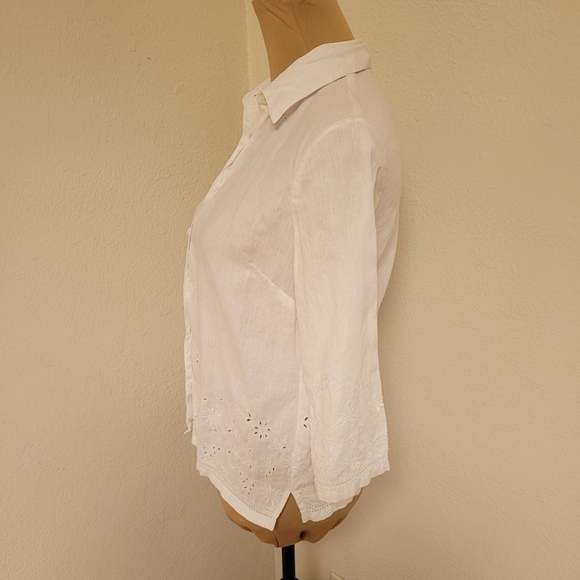 Charter Club White Linen Blouse Eyelet at Hem and 3/4 Sleeves - Picture 6 of 8